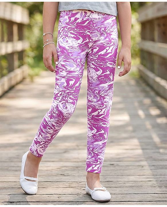 Pine Kids Cotton Lycra Knit Full Length Leggings With Marble Print - Purple