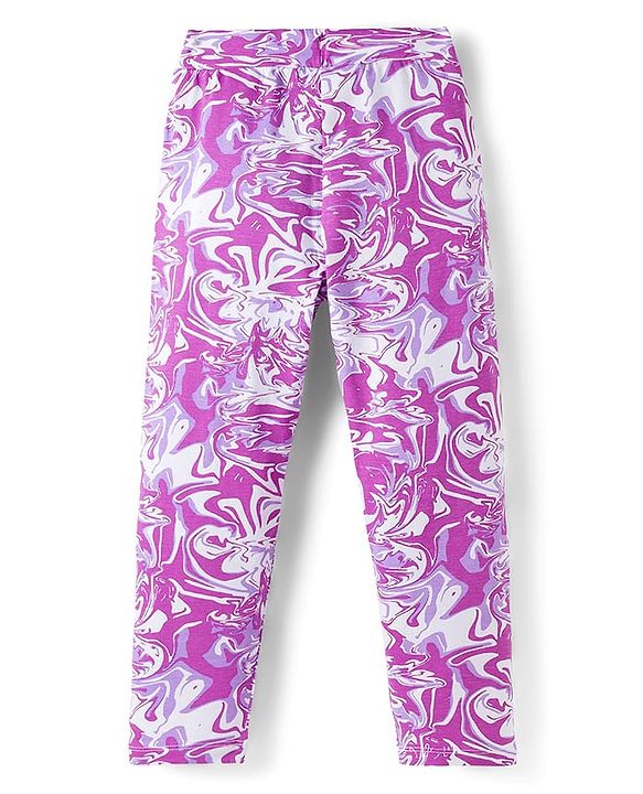 Pine Kids Cotton Lycra Knit Full Length Leggings With Marble Print - Purple