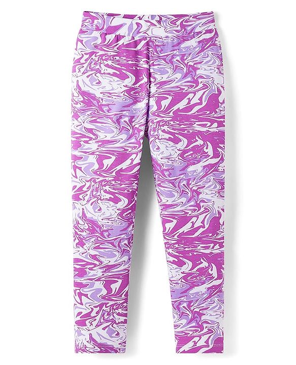 Pine Kids Cotton Lycra Knit Full Length Leggings With Marble Print - Purple