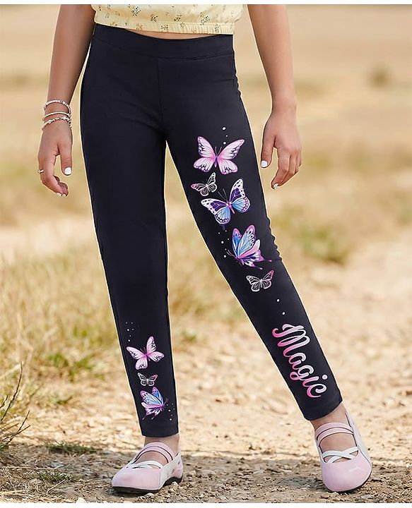 Pine Kids Cotton Lycra Knit Full Length Leggings With Butterfly Print - Black