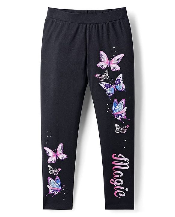 Pine Kids Cotton Lycra Knit Full Length Leggings With Butterfly Print - Black