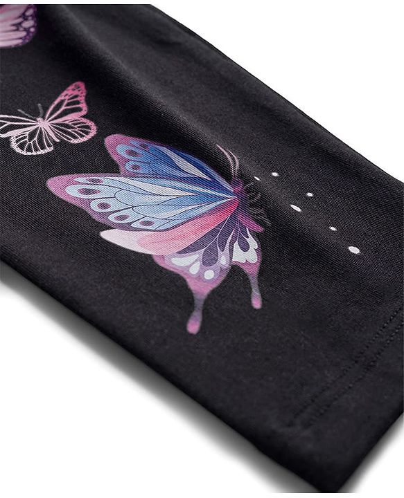 Pine Kids Cotton Lycra Knit Full Length Leggings With Butterfly Print - Black
