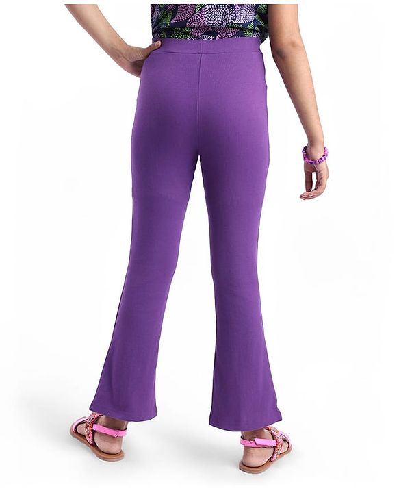 Pine Kids Cotton Lycra Knit Full Length Solid Leggings - Purple