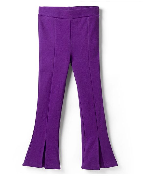 Pine Kids Cotton Lycra Knit Full Length Solid Leggings - Purple