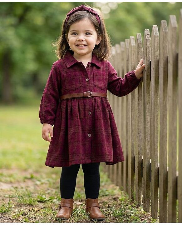 Babyhug Cotton Knit Full Sleeves Checks Frock With Leggings & Belt - Wine