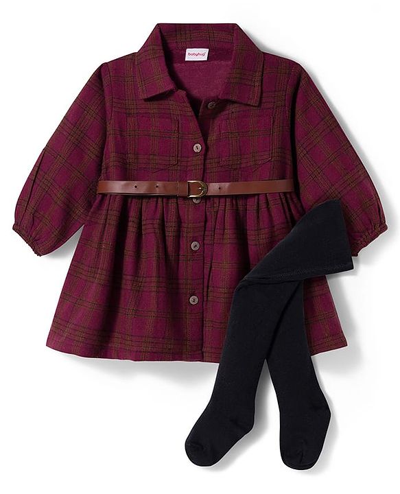 Babyhug Cotton Knit Full Sleeves Checks Frock With Leggings & Belt - Wine