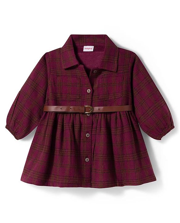 Babyhug Cotton Knit Full Sleeves Checks Frock With Leggings & Belt - Wine