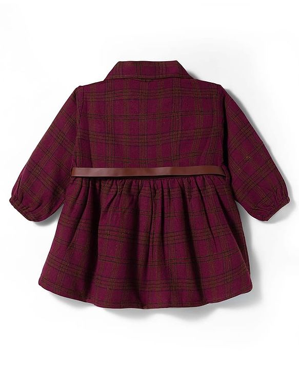 Babyhug Cotton Knit Full Sleeves Checks Frock With Leggings & Belt - Wine