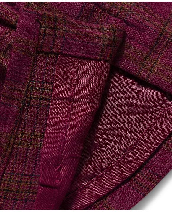 Babyhug Cotton Knit Full Sleeves Checks Frock With Leggings & Belt - Wine