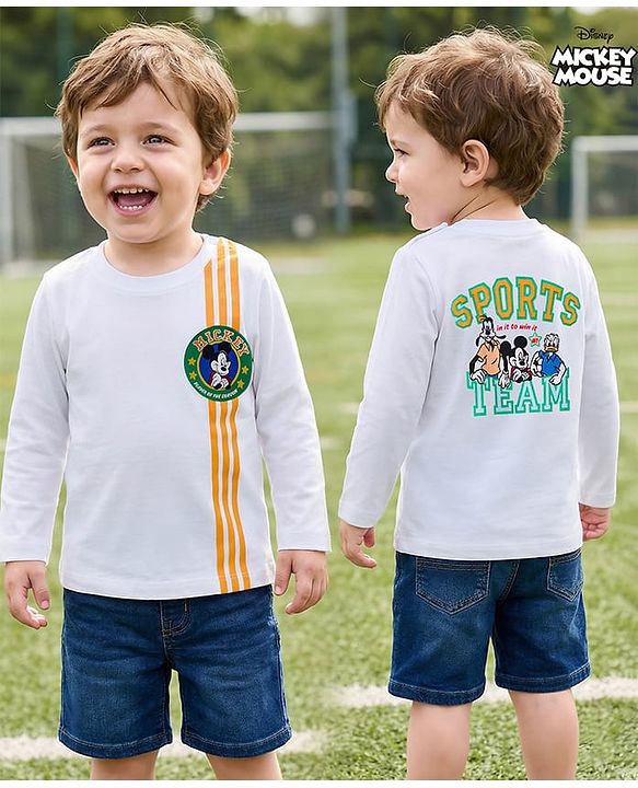 Babyhug Disney Single Jersey Knit Full Sleeves T-Shirt with Front & Back Mickey & Friends Graphic Badge Detailing - White