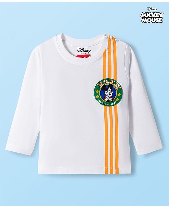 Babyhug Disney Single Jersey Knit Full Sleeves T-Shirt with Front & Back Mickey & Friends Graphic Badge Detailing - White