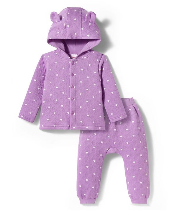 Babyhug Knit Full Sleeves Co-ords Hooded Top & Lounge Pant Set with Heart Print - Purple