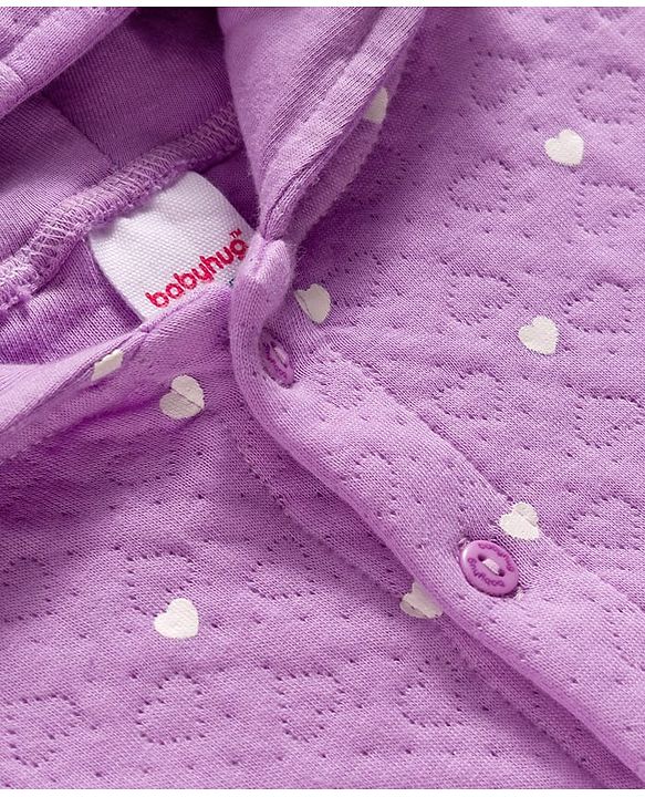 Babyhug Knit Full Sleeves Co-ords Hooded Top & Lounge Pant Set with Heart Print - Purple