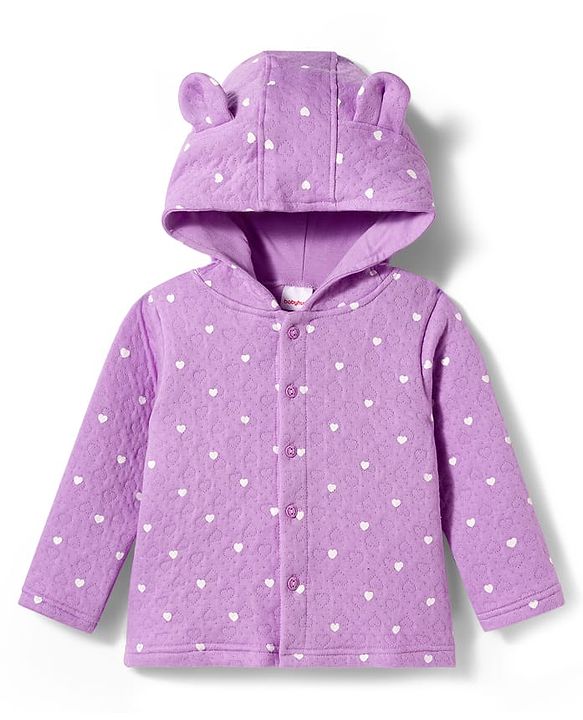 Babyhug Knit Full Sleeves Co-ords Hooded Top & Lounge Pant Set with Heart Print - Purple
