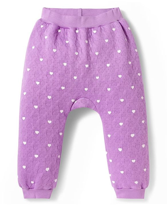 Babyhug Knit Full Sleeves Co-ords Hooded Top & Lounge Pant Set with Heart Print - Purple