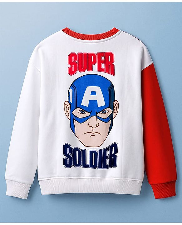 Pine Kids Marvel Terry Knit Drop Shoulder Full Sleeves Cut & Sew Oversized Sweatshirt & Track Pant Set with Captain America Graphic - Red & White