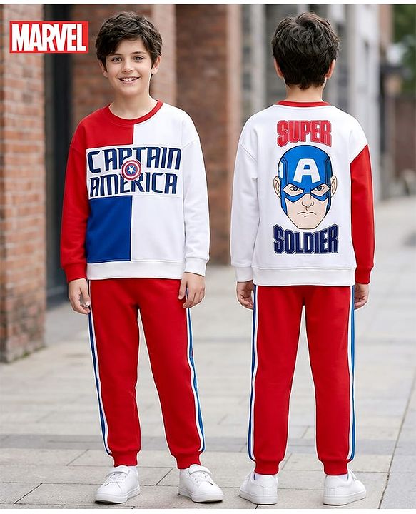Pine Kids Marvel Terry Knit Drop Shoulder Full Sleeves Cut & Sew Oversized Sweatshirt & Track Pant Set with Captain America Graphic - Red & White