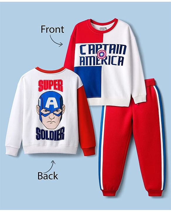 Pine Kids Marvel Terry Knit Drop Shoulder Full Sleeves Cut & Sew Oversized Sweatshirt & Track Pant Set with Captain America Graphic - Red & White