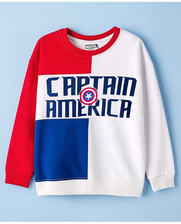 Pine Kids Marvel Terry Knit Drop Shoulder Full Sleeves Cut & Sew Oversized Sweatshirt & Track Pant Set with Captain America Graphic - Red & White