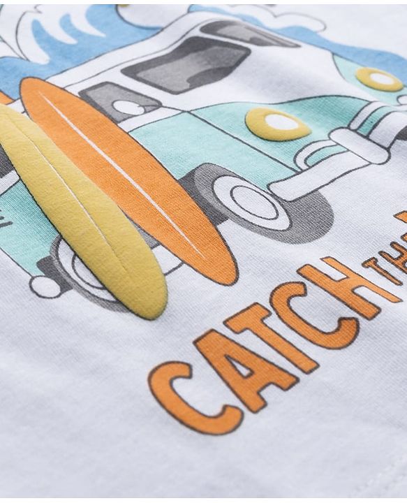 Babyhug 100% Cotton Knit Half Sleeves T-Shirt with Beach Theme Print - White