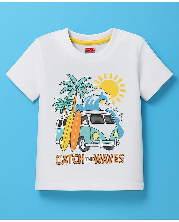 Babyhug 100% Cotton Knit Half Sleeves T-Shirt with Beach Theme Print - White