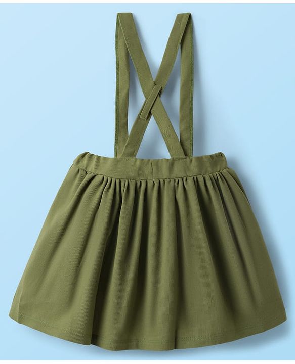 Babyhug Single Jersey Knit Full Sleeves Top & Skirt Set with Bow Applique & Floral Embroidery - White & Olive Green