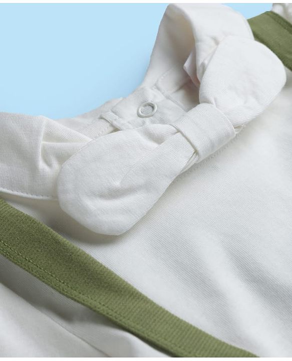 Babyhug Single Jersey Knit Full Sleeves Top & Skirt Set with Bow Applique & Floral Embroidery - White & Olive Green
