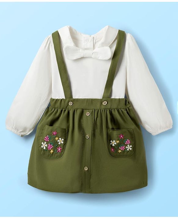 Babyhug Single Jersey Knit Full Sleeves Top & Skirt Set with Bow Applique & Floral Embroidery - White & Olive Green