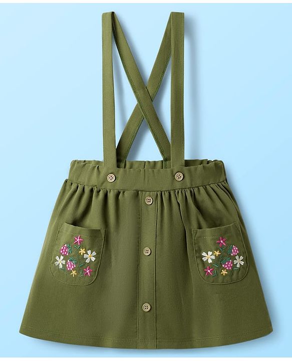 Babyhug Single Jersey Knit Full Sleeves Top & Skirt Set with Bow Applique & Floral Embroidery - White & Olive Green