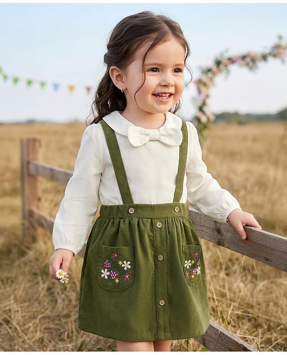 Babyhug Single Jersey Knit Full Sleeves Top & Skirt Set with Bow Applique & Floral Embroidery - White & Olive Green