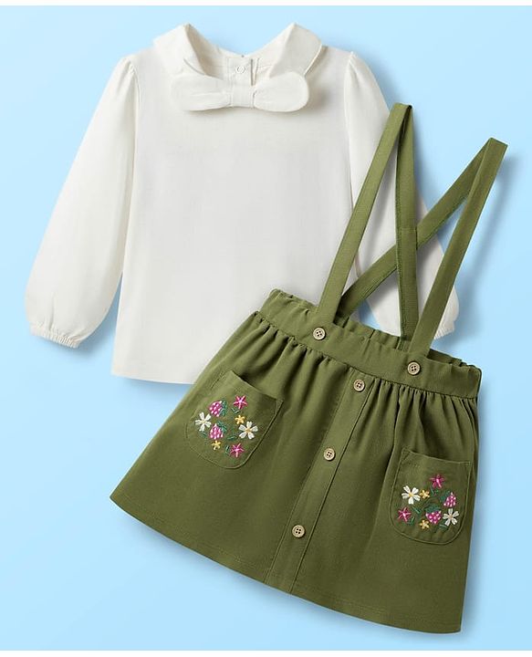 Babyhug Single Jersey Knit Full Sleeves Top & Skirt Set with Bow Applique & Floral Embroidery - White & Olive Green