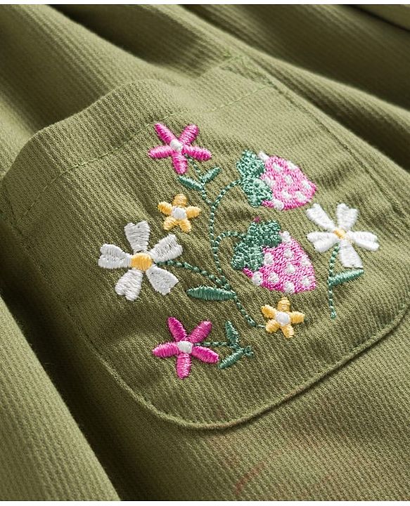 Babyhug Single Jersey Knit Full Sleeves Top & Skirt Set with Bow Applique & Floral Embroidery - White & Olive Green