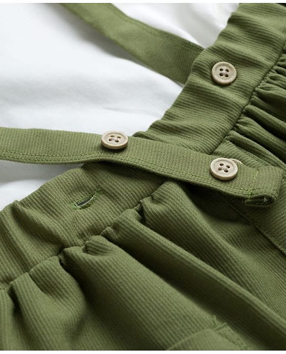 Babyhug Single Jersey Knit Full Sleeves Top & Skirt Set with Bow Applique & Floral Embroidery - White & Olive Green