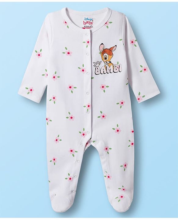 Babyhug Disney Interlock Knit Full Sleeves Footed Sleep Suits With Bambi & Friends Print Pack of 2 - Red & White