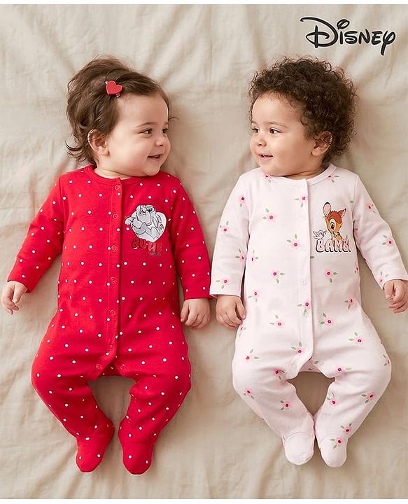 Babyhug Disney Interlock Knit Full Sleeves Footed Sleep Suits With Bambi & Friends Print Pack of 2 - Red & White