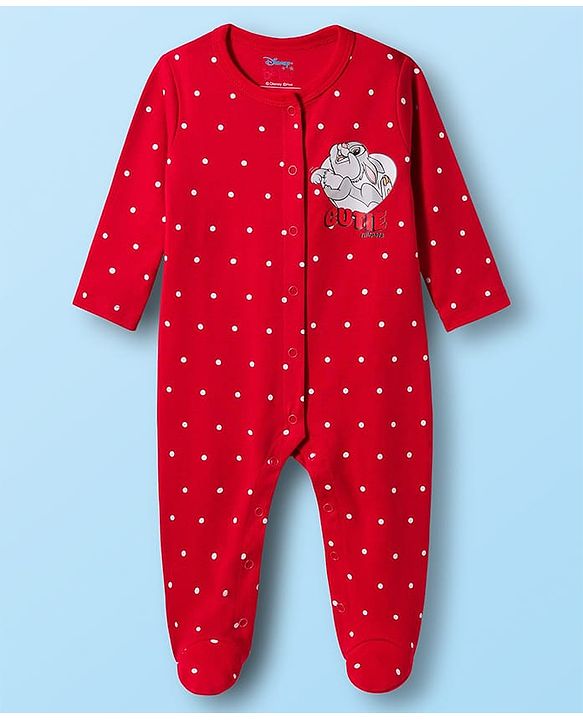 Babyhug Disney Interlock Knit Full Sleeves Footed Sleep Suits With Bambi & Friends Print Pack of 2 - Red & White