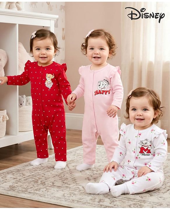 Babyhug Disney Interlock Knit Full Sleeves Front Open Rompers with Frills Detailing & Disney Characters Graphics Pack of 3 - Red White & Pink
