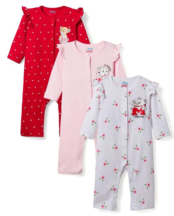 Babyhug Disney Interlock Knit Full Sleeves Front Open Rompers with Frills Detailing & Disney Characters Graphics Pack of 3 - Red White & Pink
