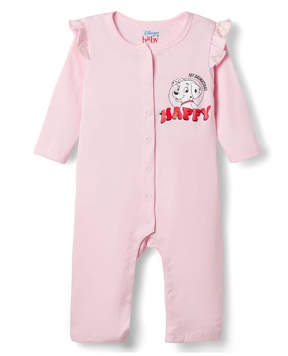 Babyhug Disney Interlock Knit Full Sleeves Front Open Rompers with Frills Detailing & Disney Characters Graphics Pack of 3 - Red White & Pink
