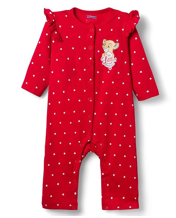 Babyhug Disney Interlock Knit Full Sleeves Front Open Rompers with Frills Detailing & Disney Characters Graphics Pack of 3 - Red White & Pink