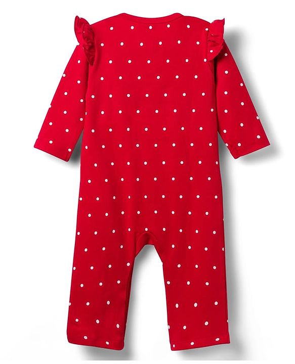 Babyhug Disney Interlock Knit Full Sleeves Front Open Rompers with Frills Detailing & Disney Characters Graphics Pack of 3 - Red White & Pink