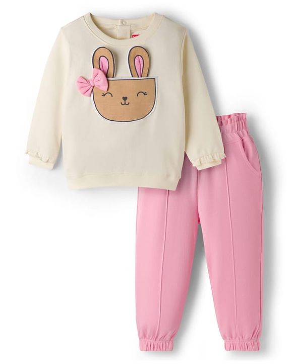 Babyhug Interlock Knit Full Sleeves Top & Lounge Pant Set with Bunny Print & Applique - Pink & Off White