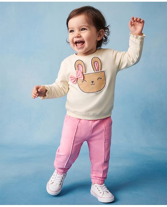Babyhug Interlock Knit Full Sleeves Top & Lounge Pant Set with Bunny Print & Applique - Pink & Off White