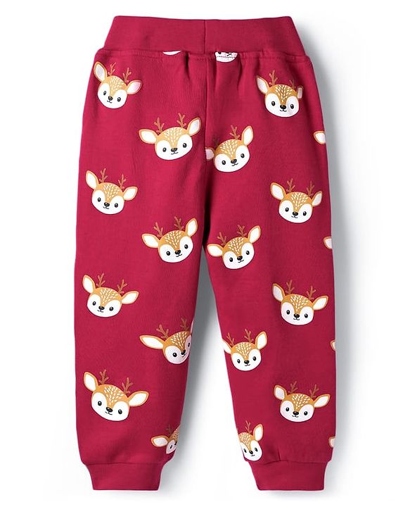 Babyhug Interlock Knit Full Sleeves Top & Lounge Pant Set with Deer Print & Bow Applique - Maroon