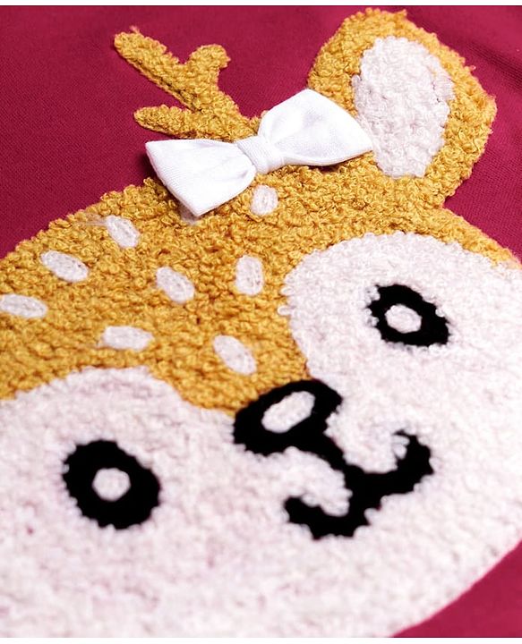 Babyhug Interlock Knit Full Sleeves Top & Lounge Pant Set with Deer Print & Bow Applique - Maroon