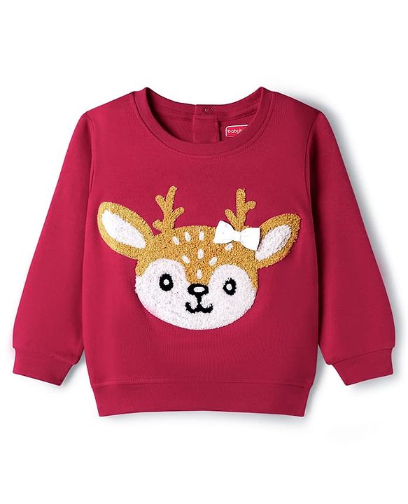 Babyhug Interlock Knit Full Sleeves Top & Lounge Pant Set with Deer Print & Bow Applique - Maroon