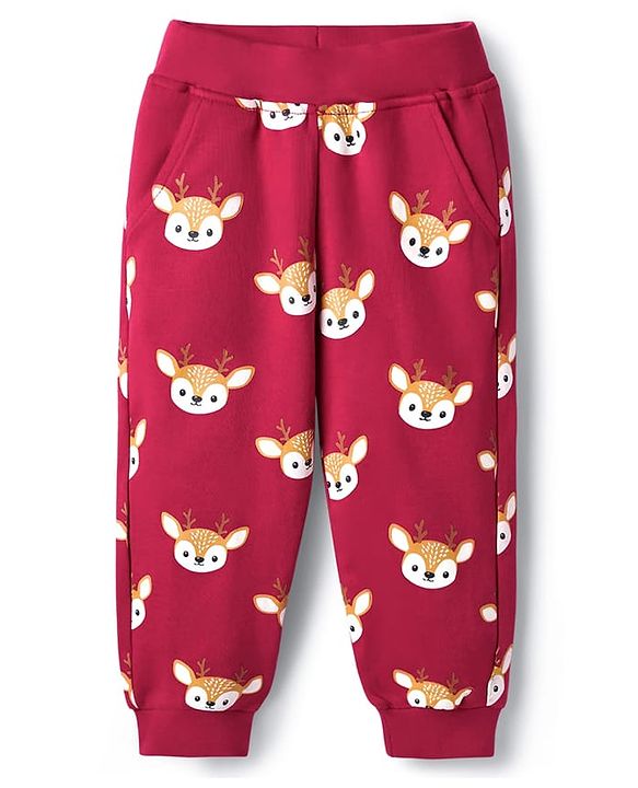Babyhug Interlock Knit Full Sleeves Top & Lounge Pant Set with Deer Print & Bow Applique - Maroon