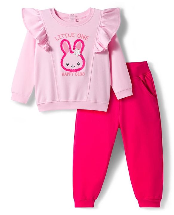 Babyhug Interlock Knit Full Sleeves Top & Lounge Pant Set with Bunny Print - Pink