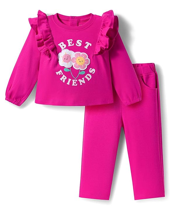 Babyhug Interlock Knit Full Sleeves Text Printed Top & Legging Set - Purple