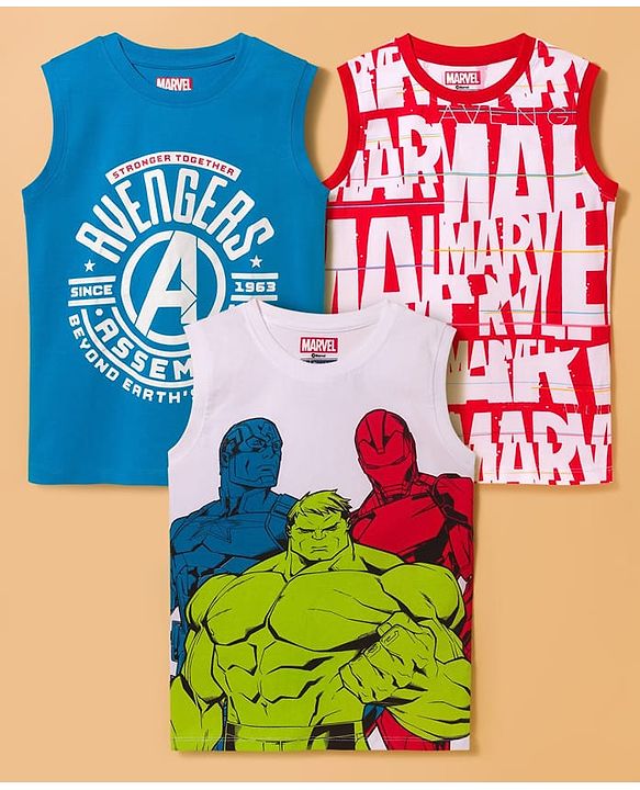 Pine Kids Marvel Single Jersey Knit Sleeveless Vest with Avengers Graphic Pack of 3- Red Blue & White